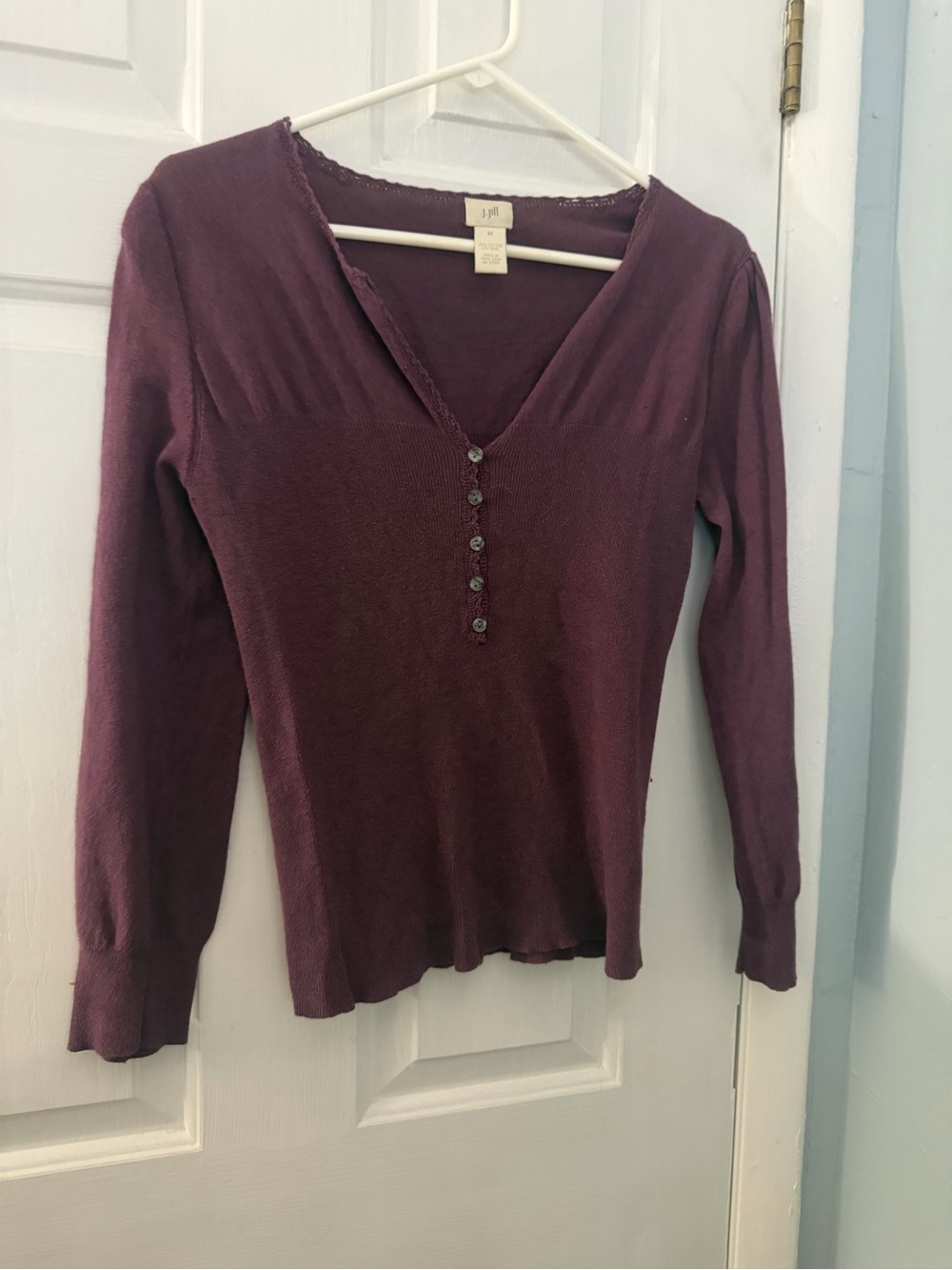 J. Jill Women’s M Burgundy Cotton Wool Blend Lace Trim Henley Sweater